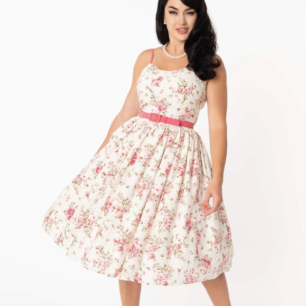Unique Vintage White/Pink Floral Eyelet Dress